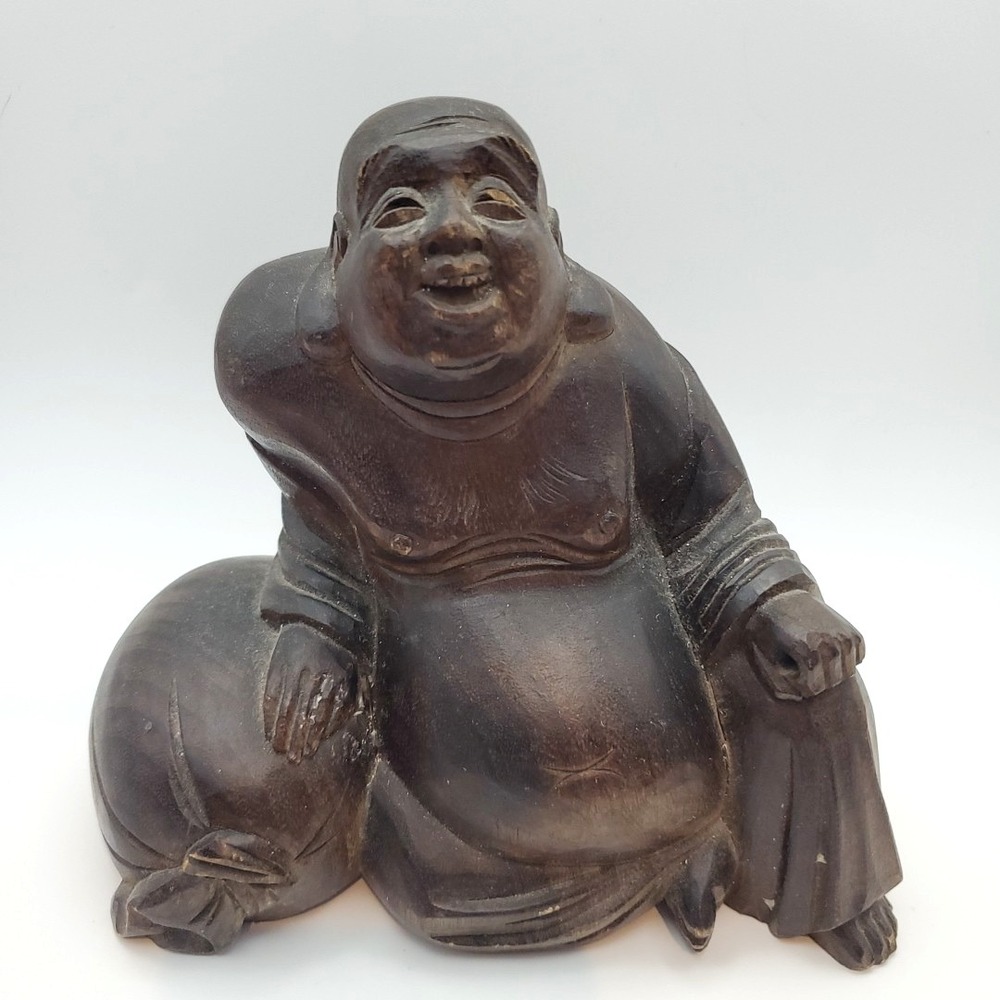 VTG Hand Carved Wood Laughing Buddha Budai Bag‎ Of Money Reclining Lounging 6"